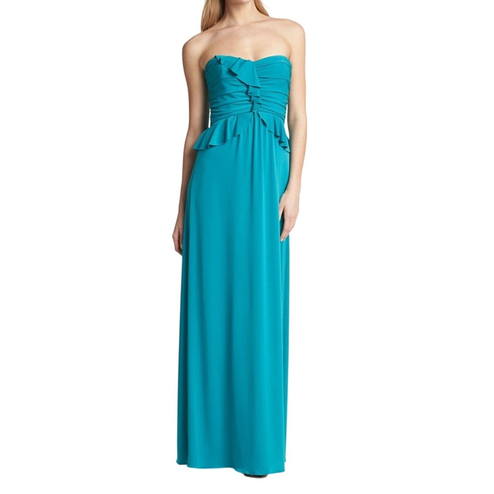 Amsale Strapless Teal Ruched Peplum Dress Evening Gown Size‎ 4